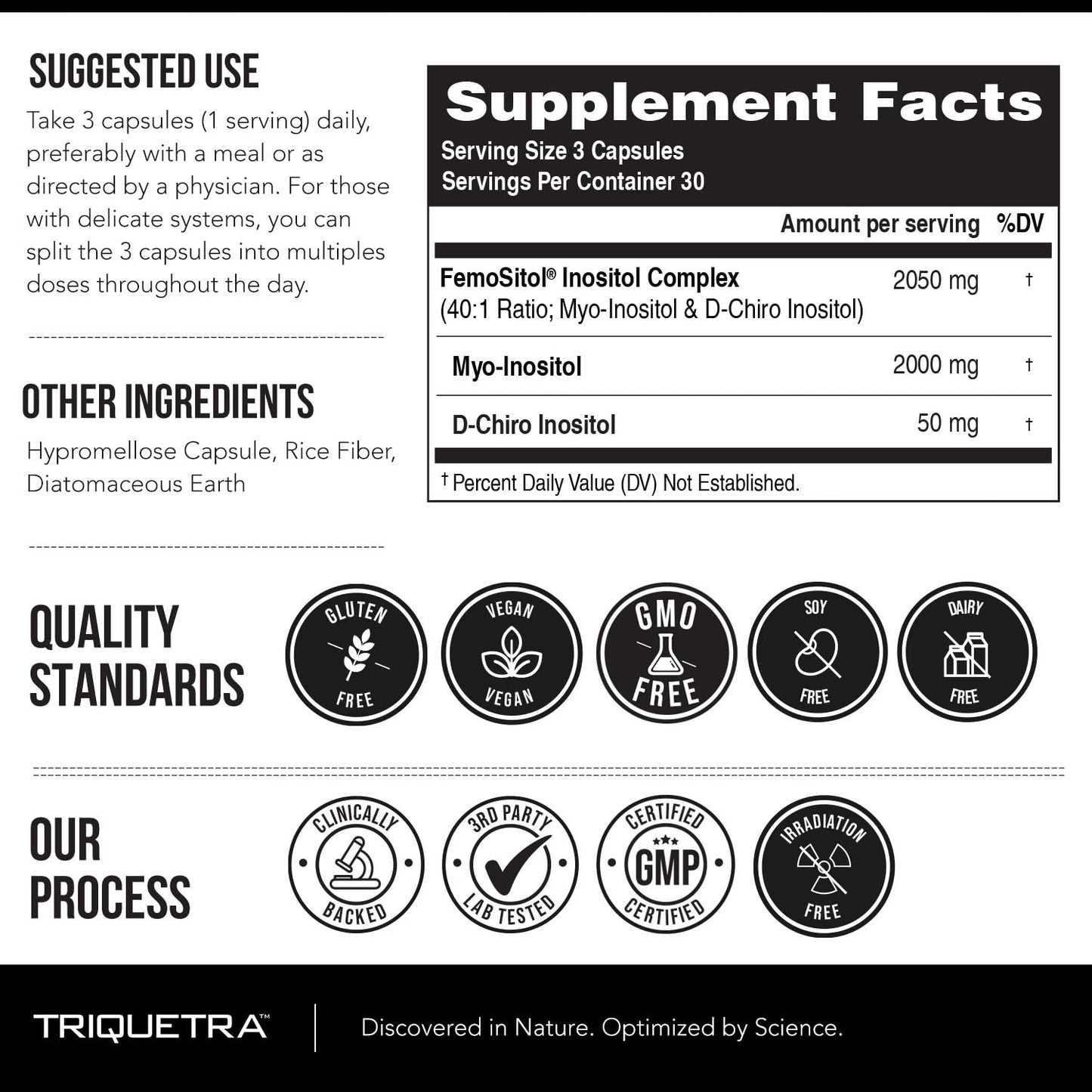 Authentic Triquetra Health Femositol packaging highlighting metabolic wellness and ovarian function support attributes.