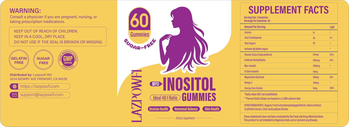 Lazpowfi women's ovarian health gummies package showing natural pineapple flavor.