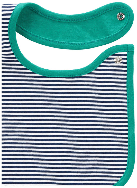 Close-up of the secure side snap button closure on a blue cotton teething bib