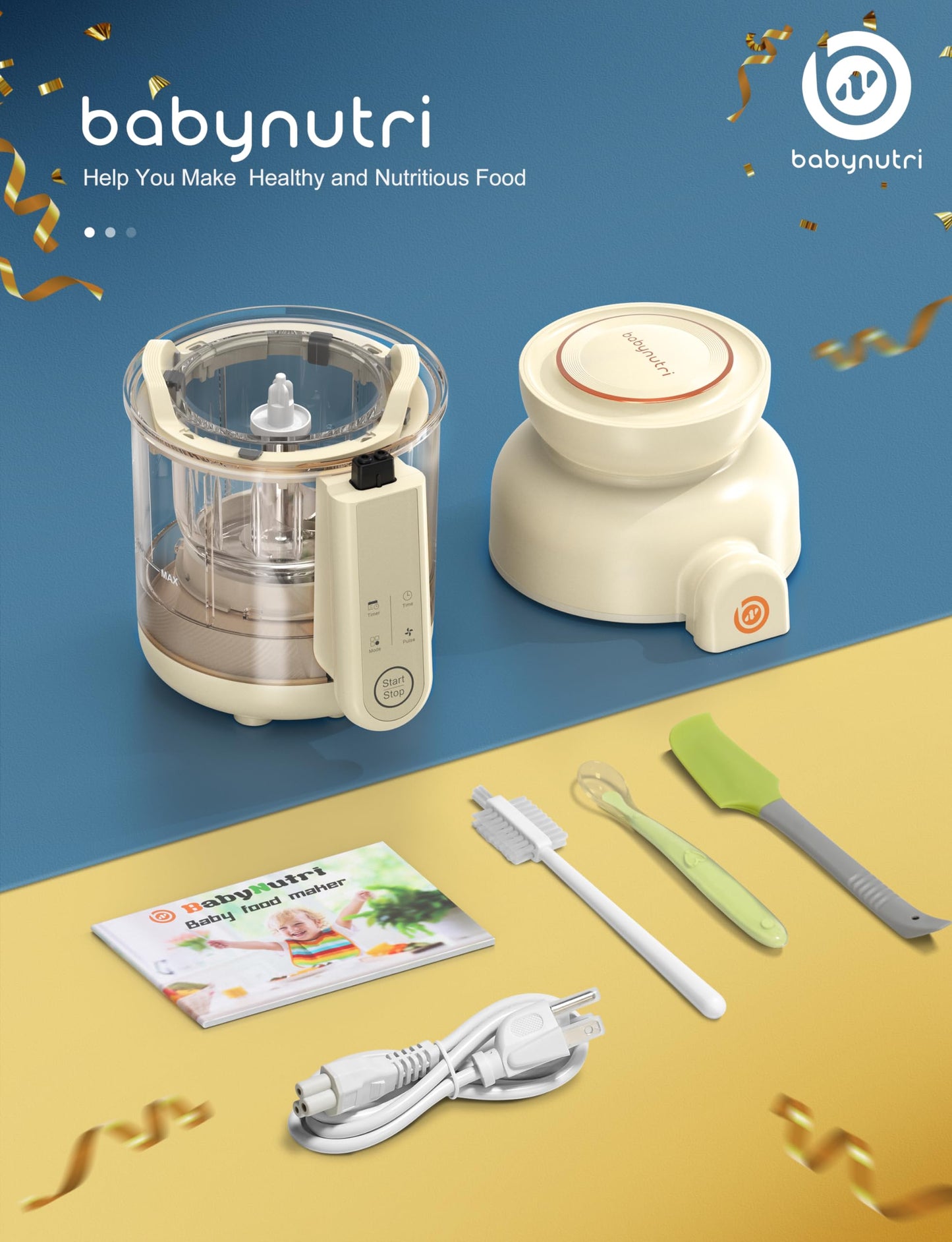 BABYNUTRI all in one baby puree maker showing smooth nutritious fruit mash inside the glass container.
