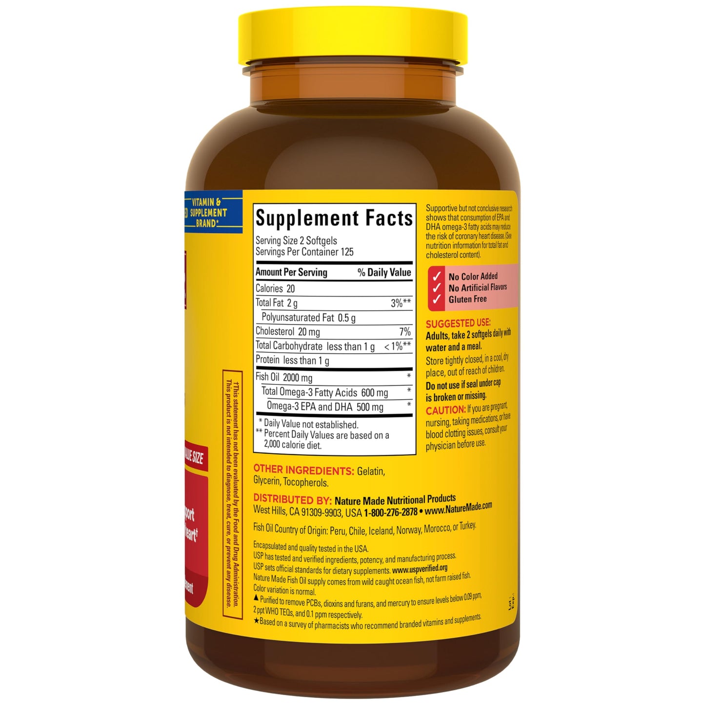 Imported Nature Made fish oil 250 capsules container showcasing wild caught sourcing specifications.