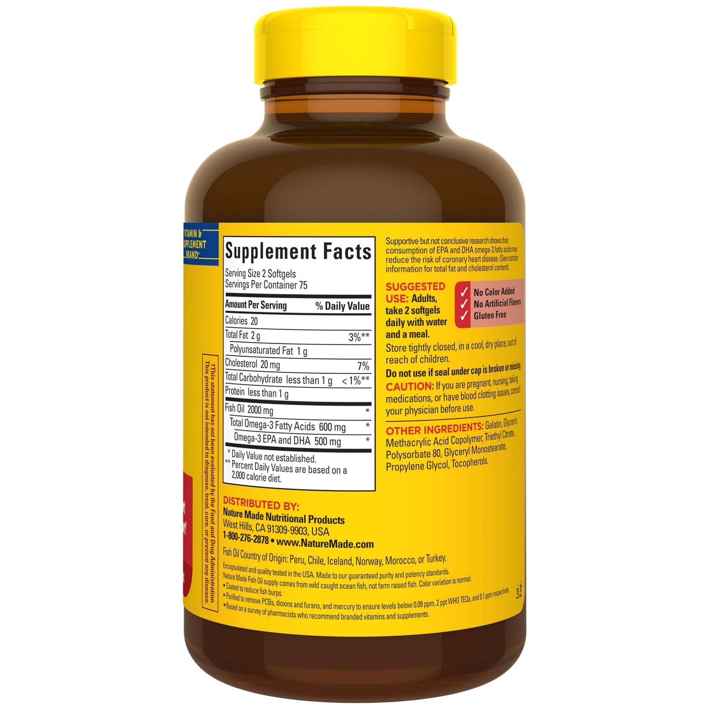 Nature Made premium quality tested fish oil bottle on clean background