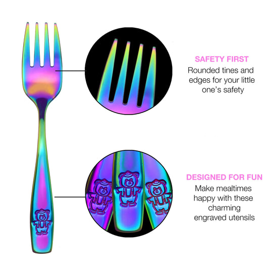 Close up of rainbow finish kids fork with engraved bear design