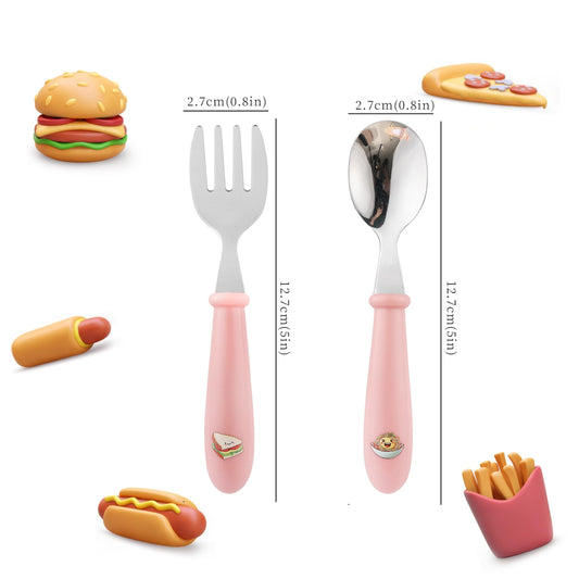 Close up of MONGSEW children cutlery set highlighting the safe rounded fork tines and polished spoon edges