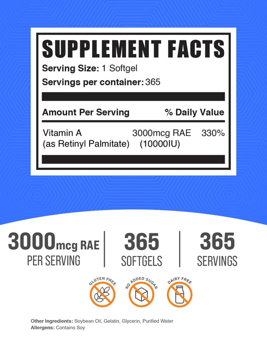 Close up of BulkSupplements Vitamin A 365 count bottle