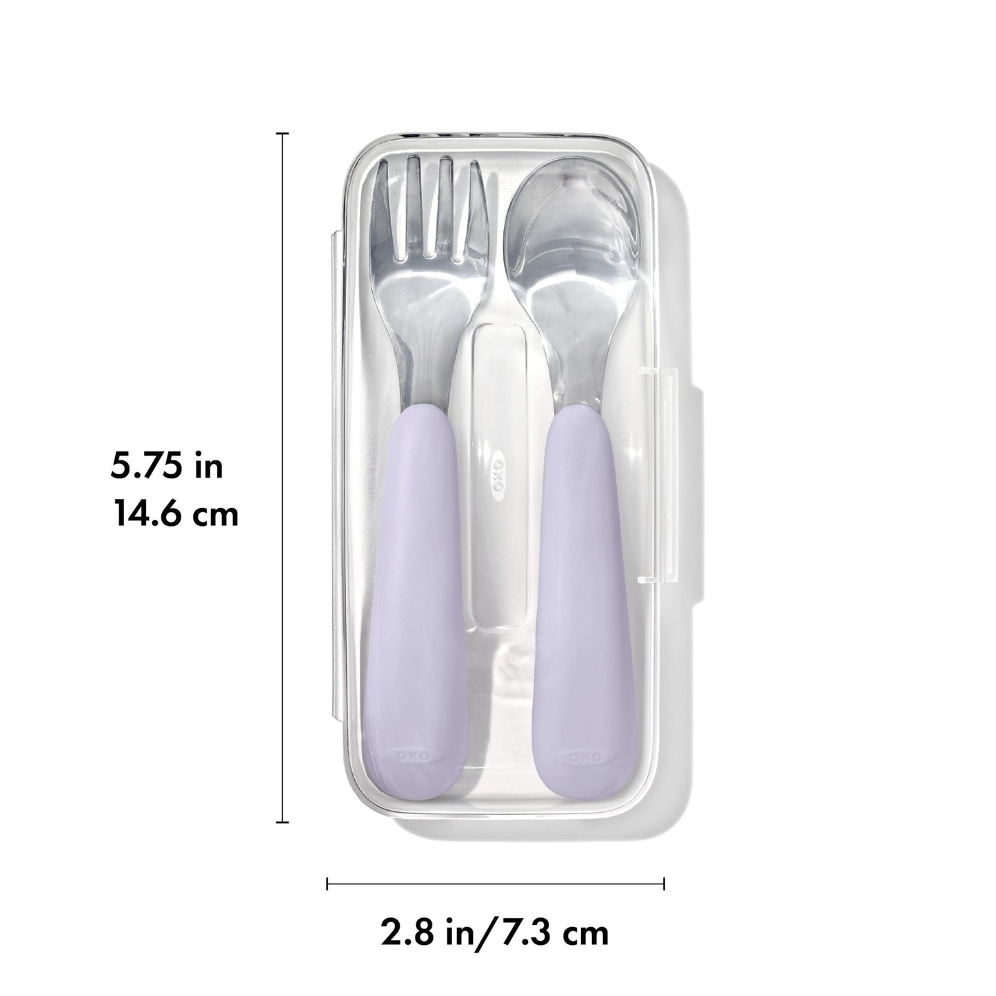 OXO Tot baby feeding travel set showing the durable stainless steel heads and pastel lilac purple grips.