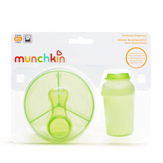 Side angle view of the green Munchkin baby formula milk dispenser set showing the secure snap tight lids