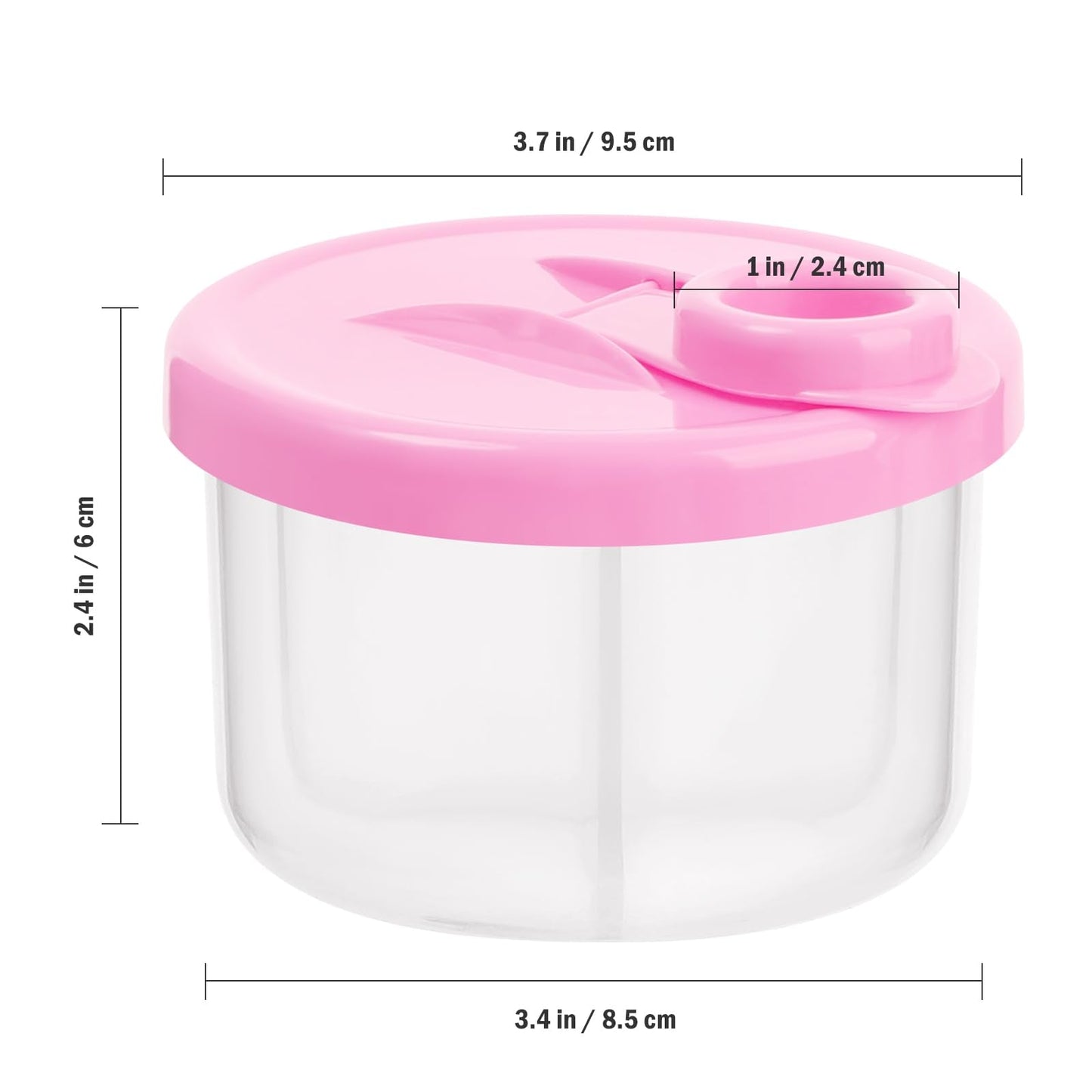 Accmor three compartment pink snack container filled with toddler puffs and cereal