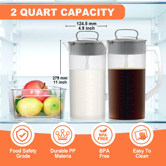 Baby formula mixing pitcher with angled blades and plunger lid assembly displayed next to container