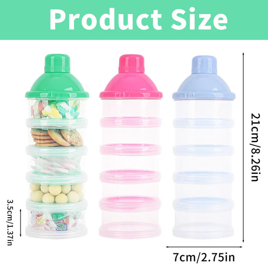 Manwetye portable formula storage container with individual layers disassembled to show modular travel snack box functionality.