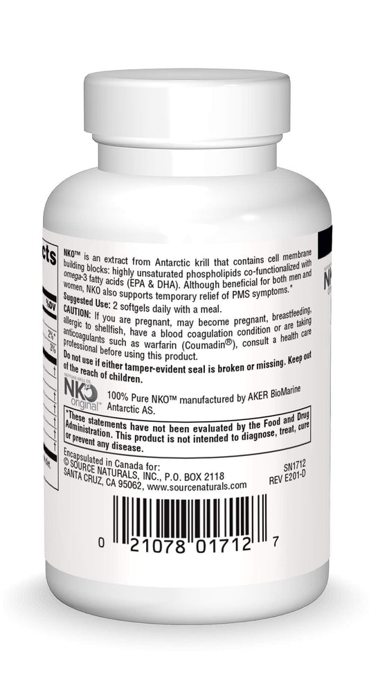 Source Naturals Antarctic krill oil dietary supplement label showing omega 3 and phospholipid facts