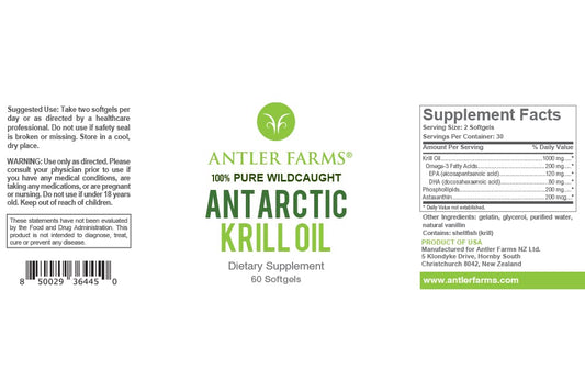 Antler Farms wild caught krill oil supplement bottle angled view highlighting rapid absorption formula