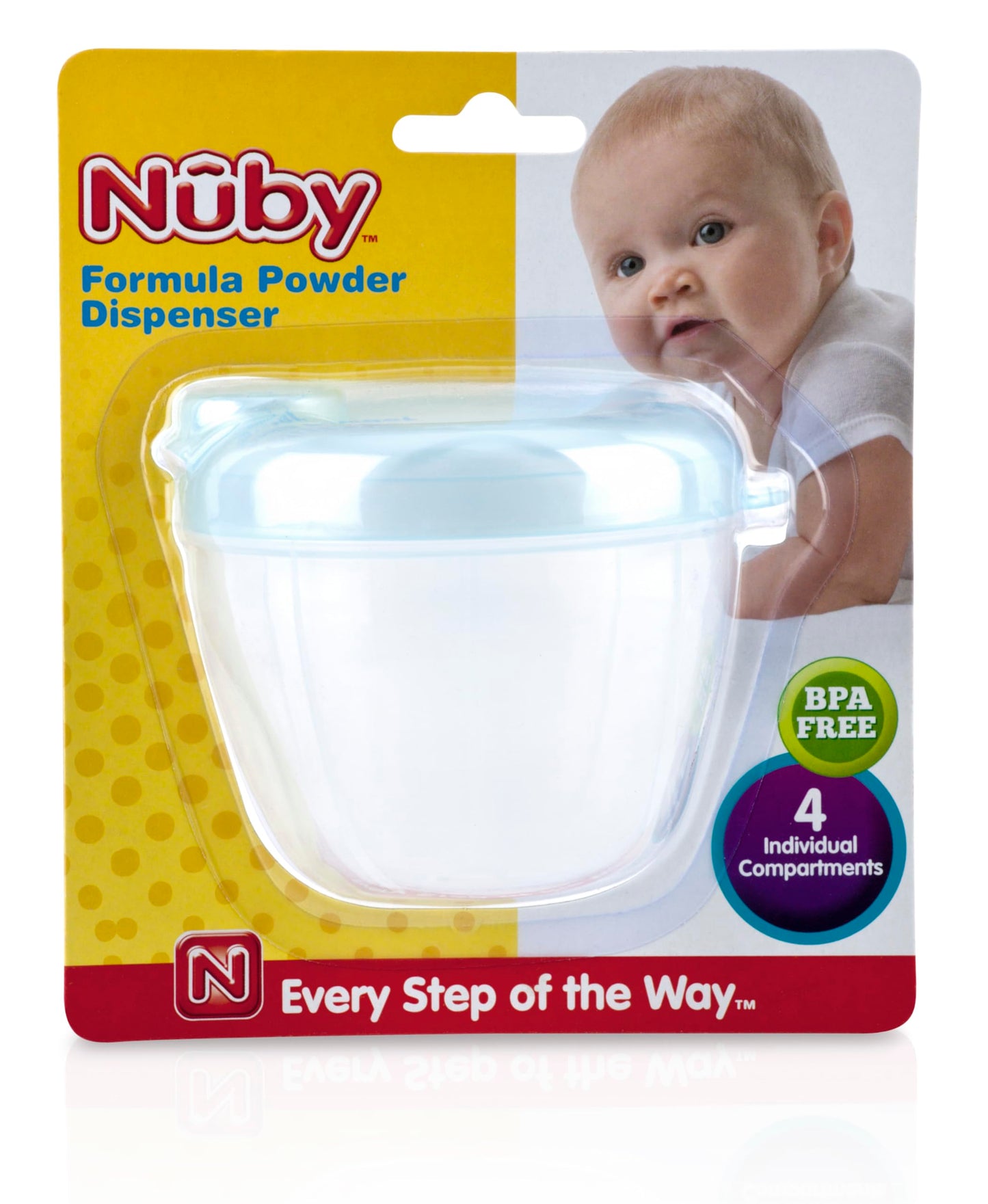 Side view of the premium imported Nuby powder dispenser highlighting the durable plastic body.