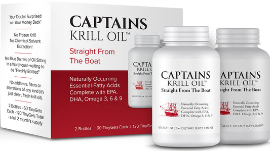 Captains Pure Antarctic Krill Oil 2 pack dietary supplement bottles showing softgel count.