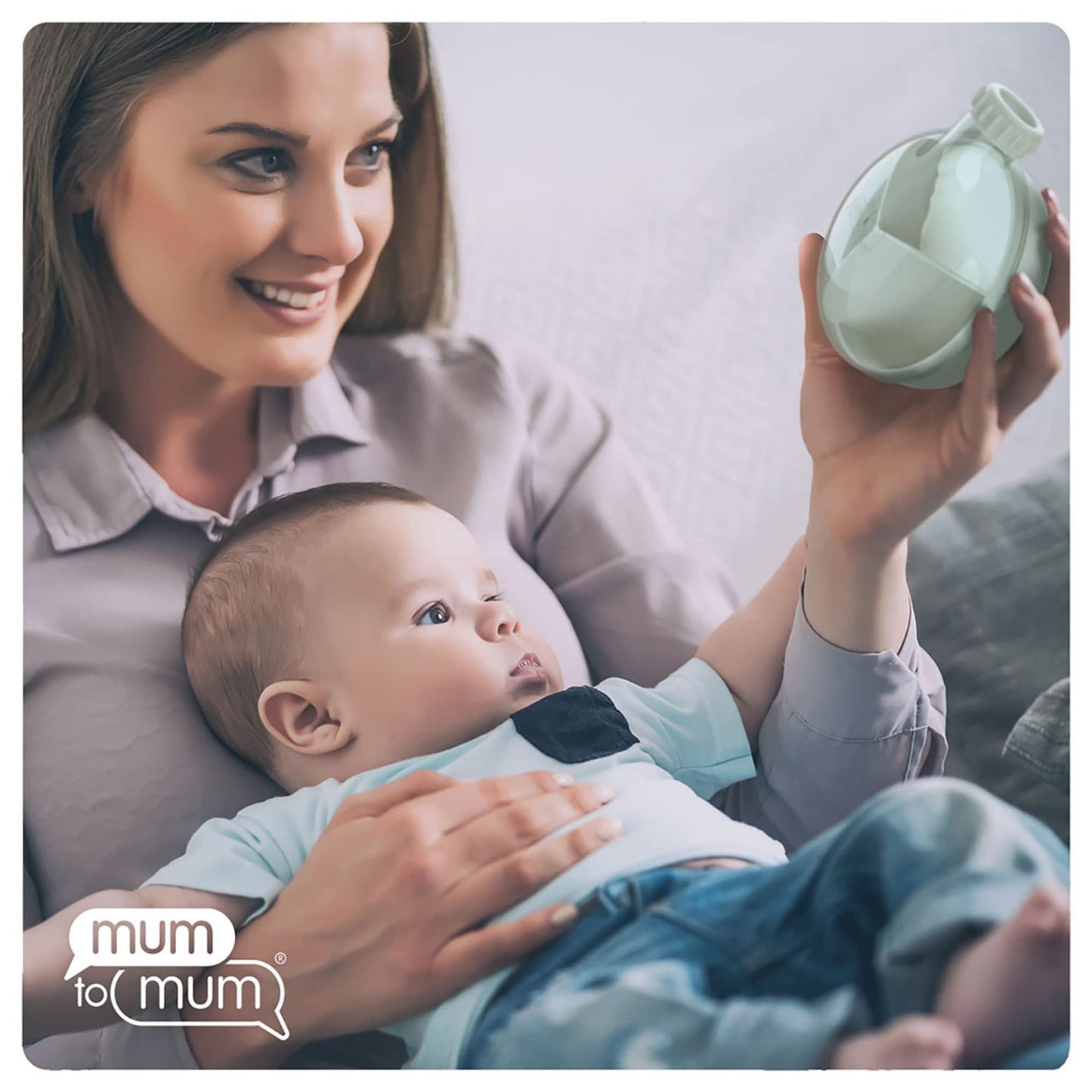 Mum To Mum infant milk powder dispenser disassembled into three separate components for cleaning