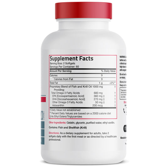 Bronson premium fish plus krill oil dietary supplement label displaying EPA DHA and astaxanthin nutritional facts.