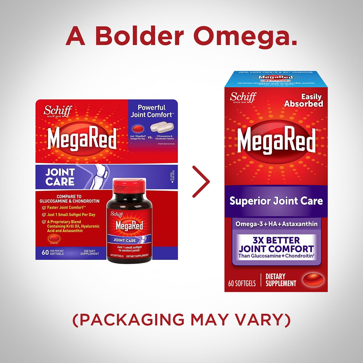 Side view of Schiff MegaRed sixty softgels dietary supplement packaging.