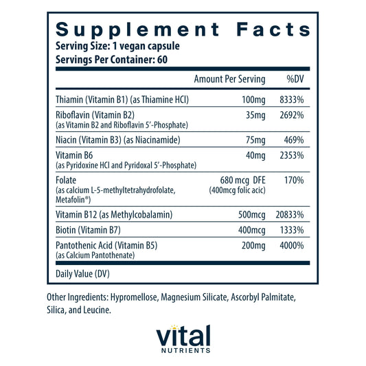 Vital Nutrients B Complex vegan high potency dietary supplement facts and ingredients list panel view