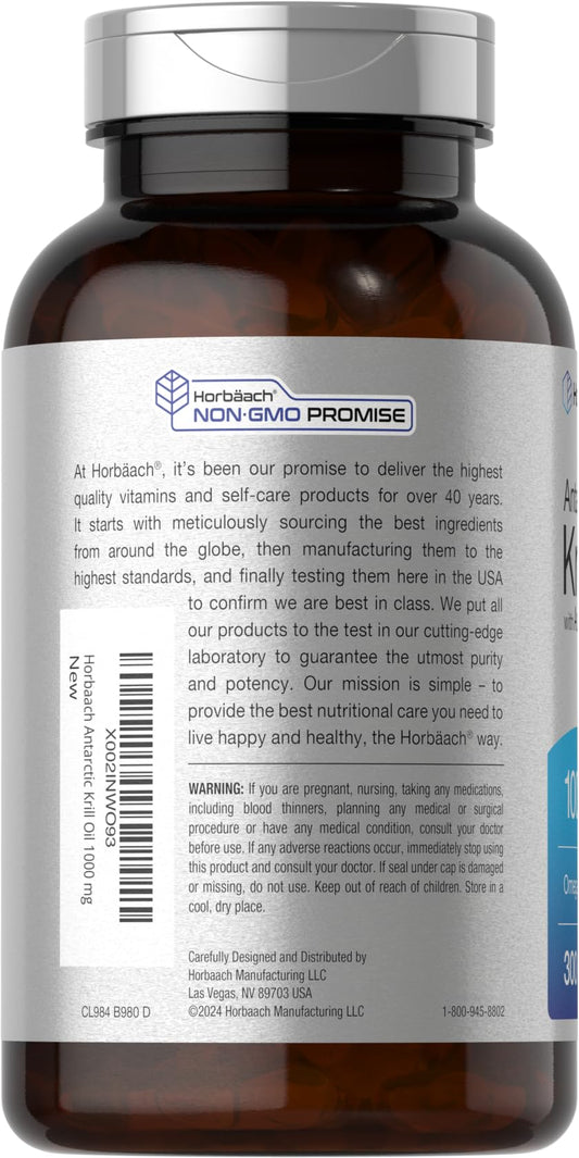 Horbäach Antarctic Krill Oil supplement bottle showing nutrition facts and ingredient list label