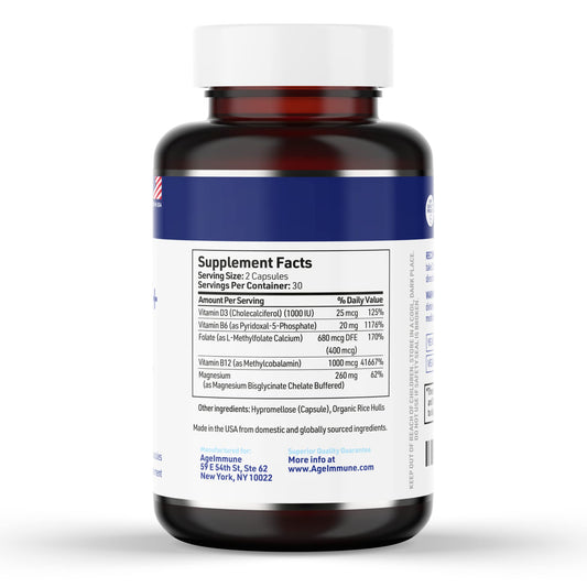 AgeImmune Brilliant B Plus supplement label displaying active methylated ingredients