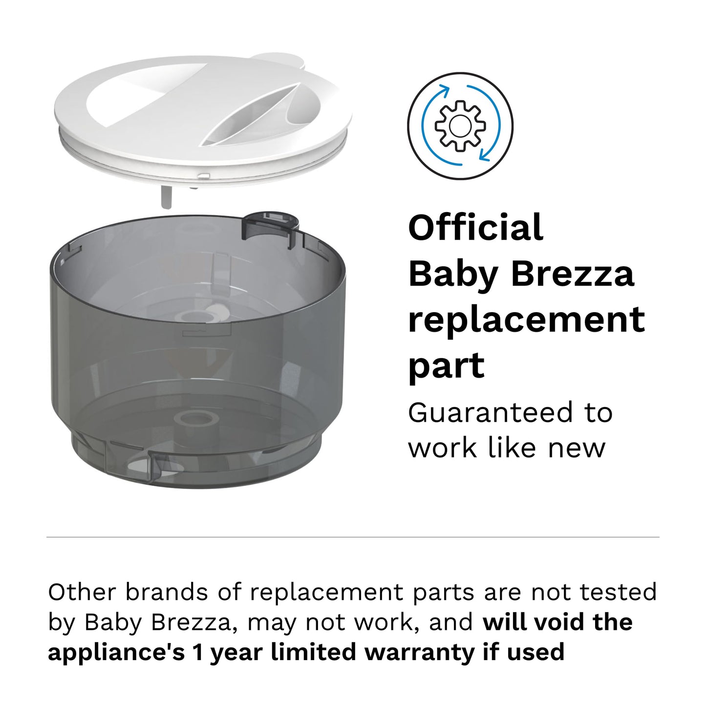 Imported Baby Brezza infant formula maker replacement components clean top view.