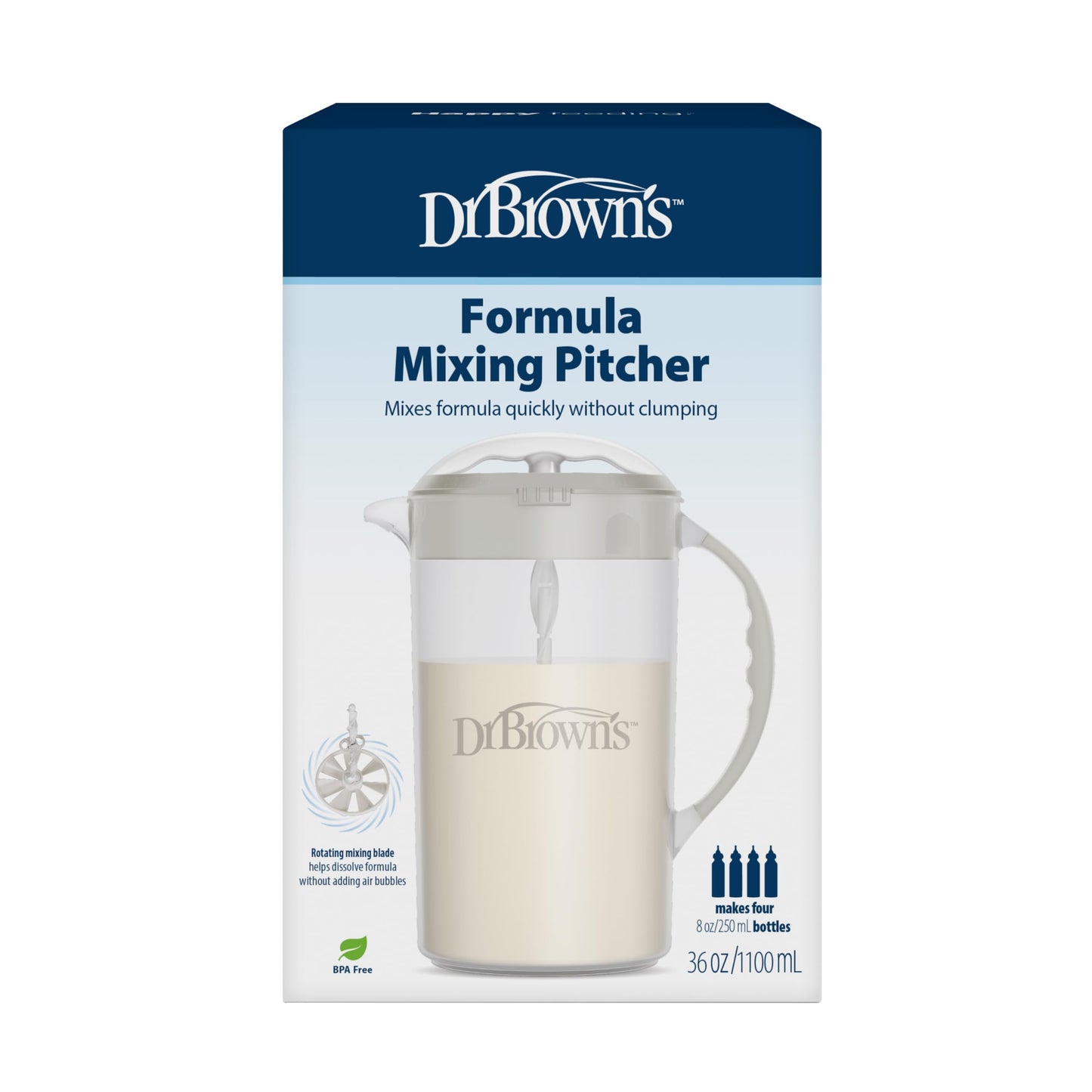 A parent pouring smooth formula from the gray Dr. Brown's pitcher into a narrow baby bottle.