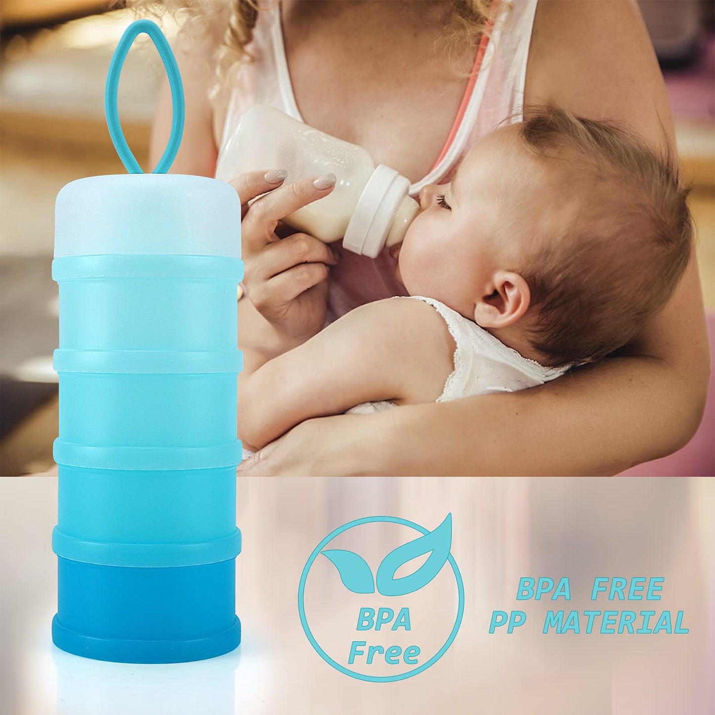 Compact vertical travel formula dispenser standing upright on a kitchen counter