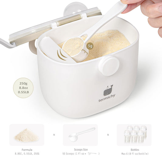 Termichy milk powder storage container open lid showing separate scoop compartment