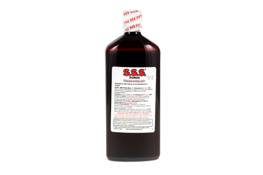 S.S.S. Tonic Liquid Iron and Vitamin B Supplement packaging showing detailed nutrition facts and ingredients