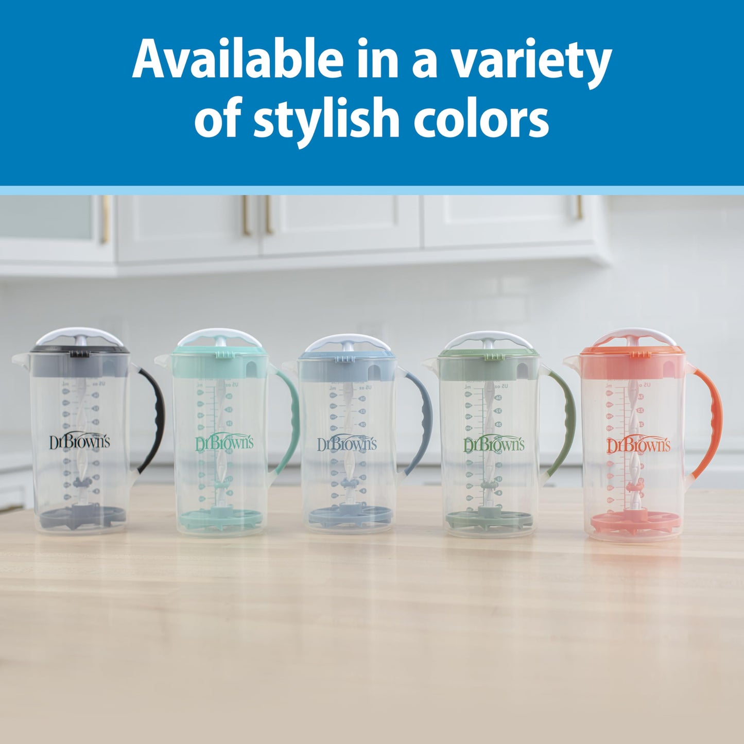 Dr. Brown's baby formula mixing pitcher packaging highlighting its BPA-free and anti-gas features.