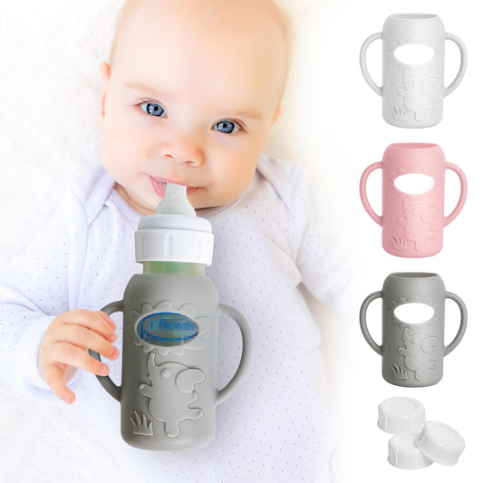Three pack silicone bottle sleeves with handles in white pink and grey