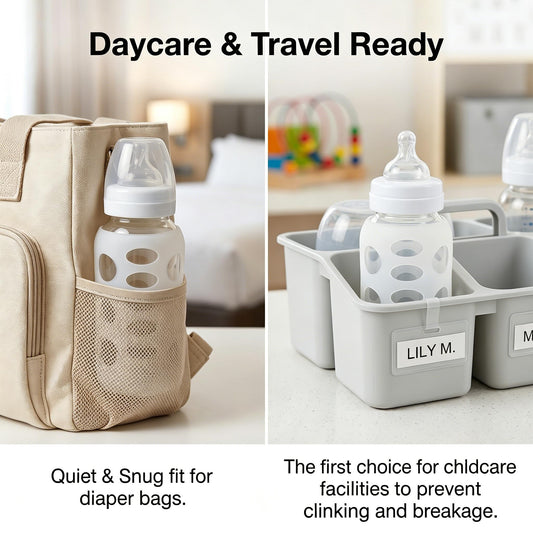 Toyandona silicone sleeves on glass baby bottles showing grip