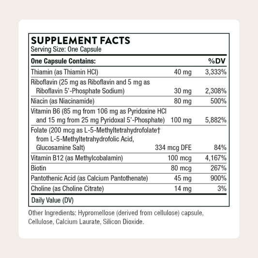 Thorne high potency vitamin B complex supplement nutrition facts label view.