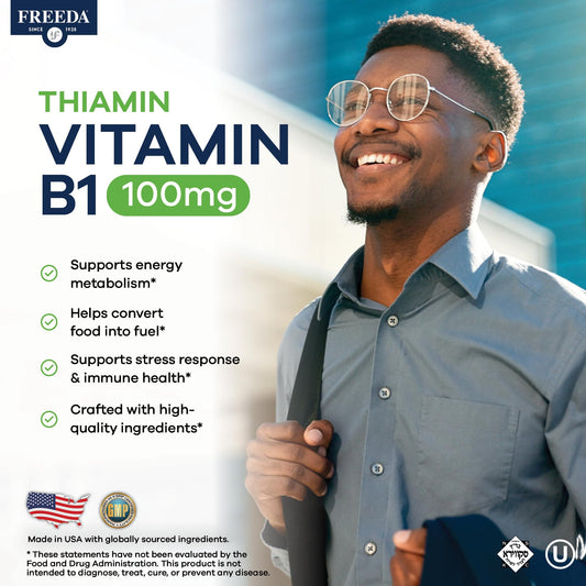 Freeda Vitamin B1 100 Milligram Thiamin supplement showing vegan and gluten free certifications