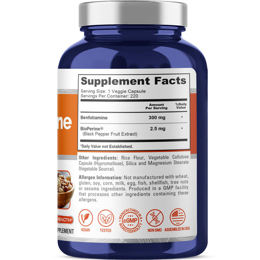 NusaPure Benfotiamine 300mg supplement facts and ingredient list side label