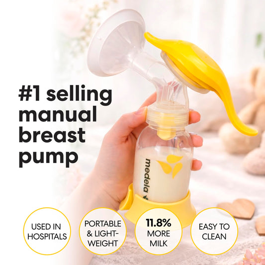 Medela single hand breast pump with 150 milliliter milk bottle attached