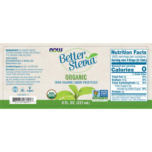 NOW Foods BetterStevia plant based sugar substitute nutrition facts label view