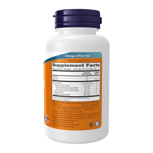 Now Foods Neptune Krill Oil 120 softgels packaging displaying pure NKO certification facts.