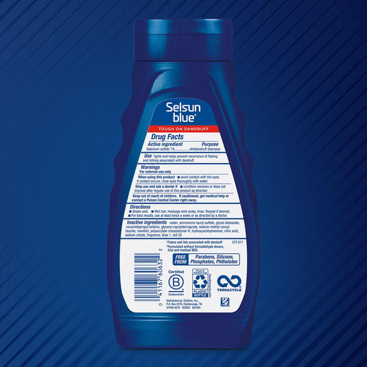Selsun Blue Medicated Scalp Treatment showing the back label with ingredients and instructions