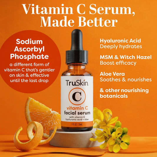 TruSkin Vitamin C Face Serum packaging box and dropper bottle displaying key brightening ingredients
