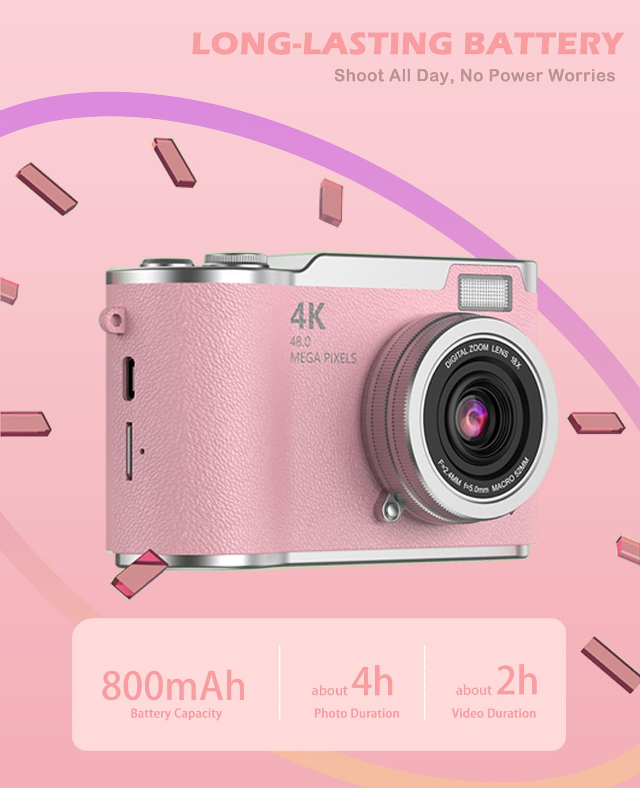 Close-up of the HEYMAO compact camera lens showing the 8x digital zoom and autofocus indicators