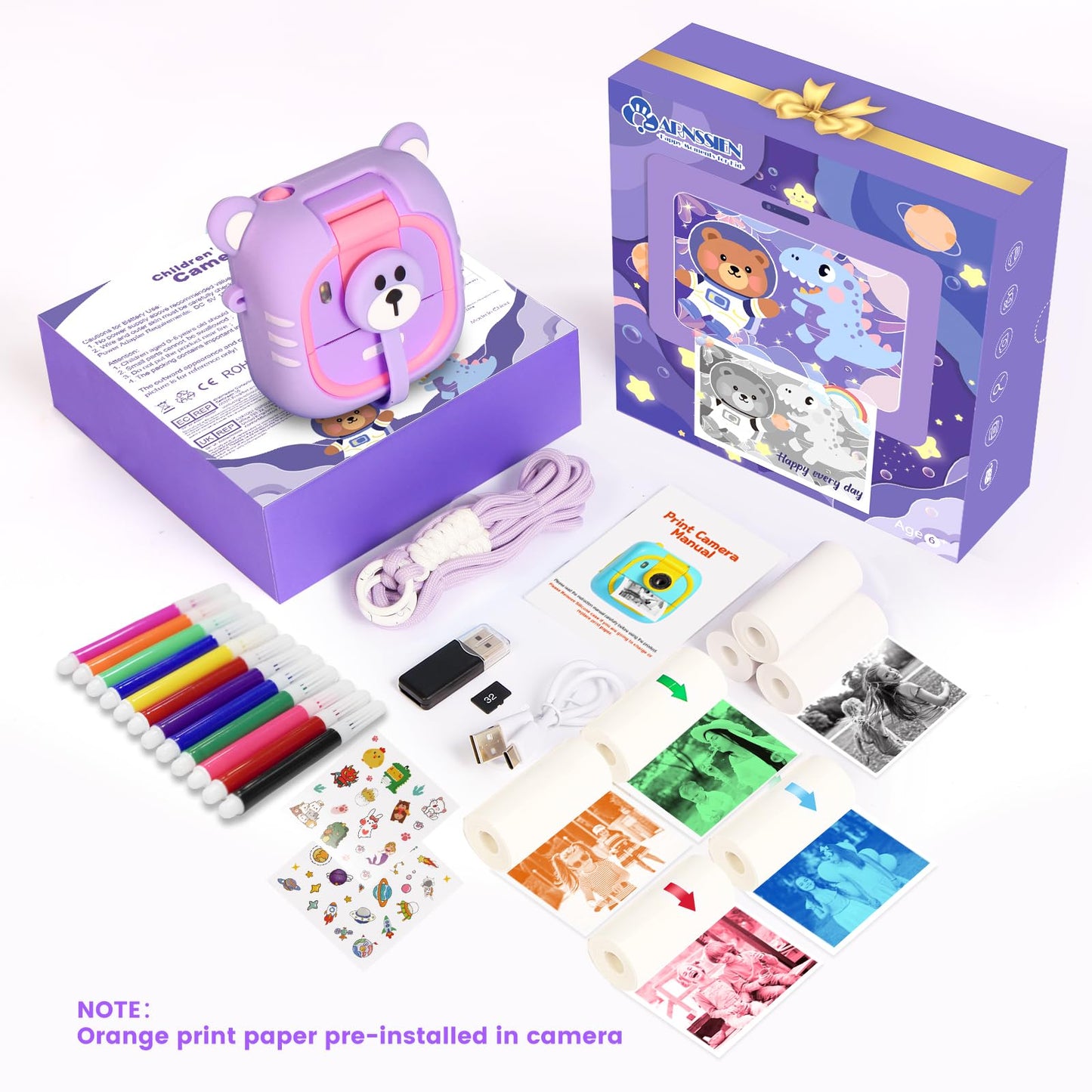 ARNSSIEN portable instant print camera for boys and girls packaged inside its gift box