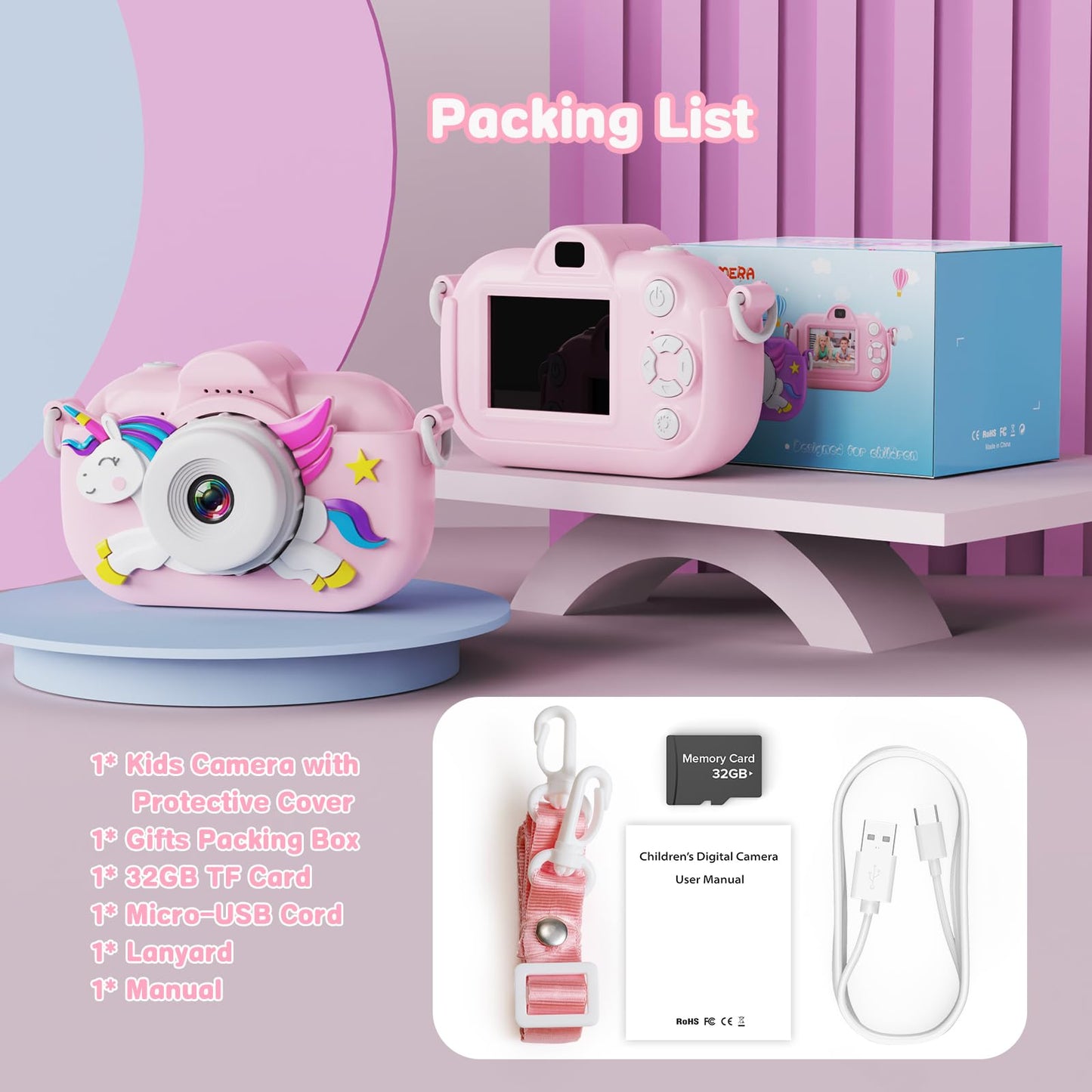 Xoieod digital camera for kids displaying built in creative cartoon photo frames