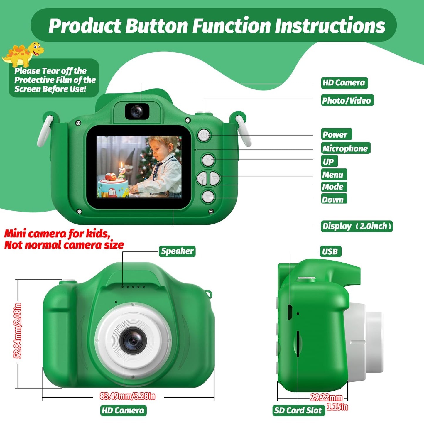 USA imported HOOMOON kids camera connected to a card reader for easy computer photo transfers.