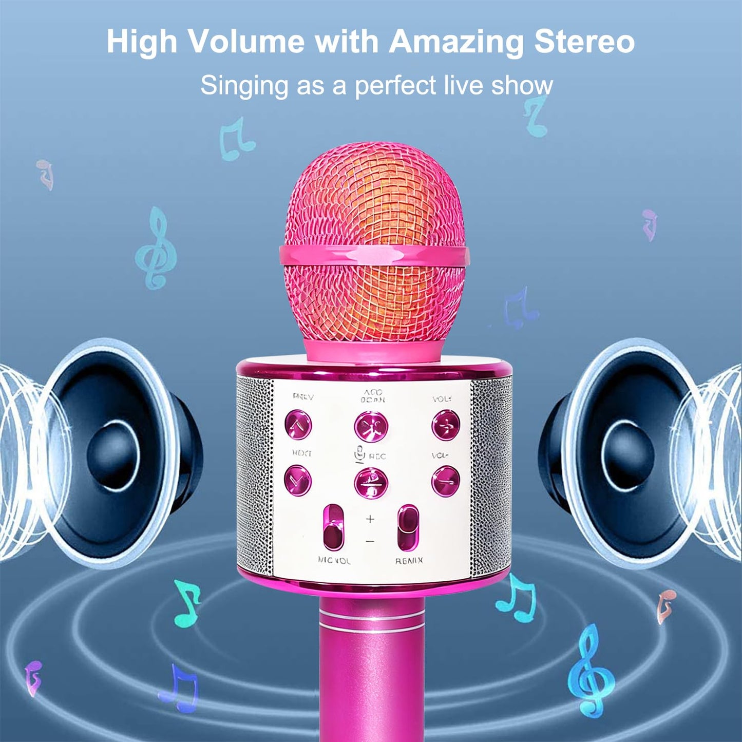 Premium wireless kids and adults party microphone highlighting its sleek ergonomic handle design