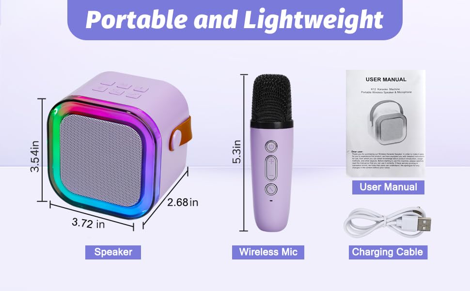 Product packaging layout of the purple kids singing machine with two microphones and charging accessories included