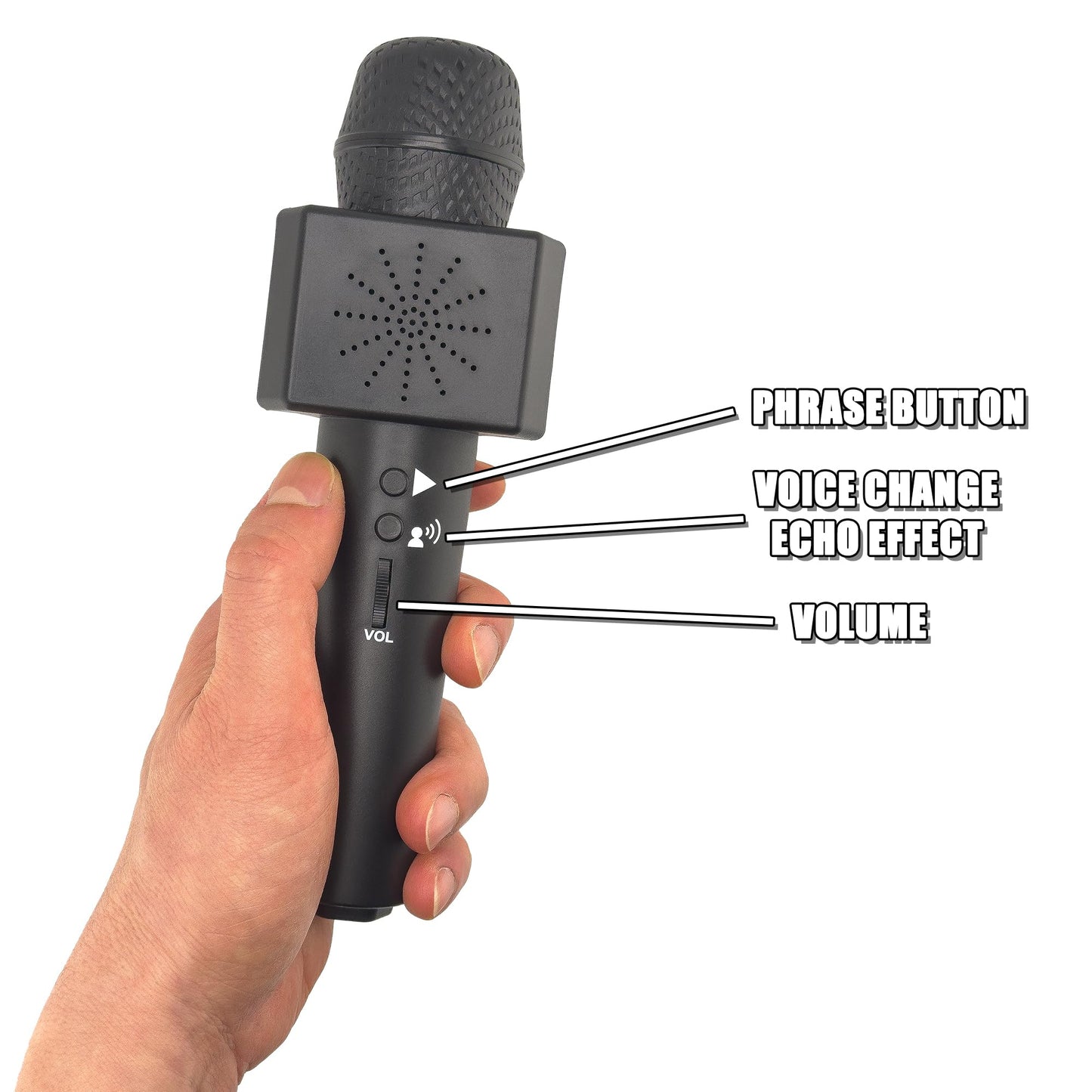 Imported Figures Toy Company talking arena announcer microphone packaging highlighting the twelve preloaded phrases feature.