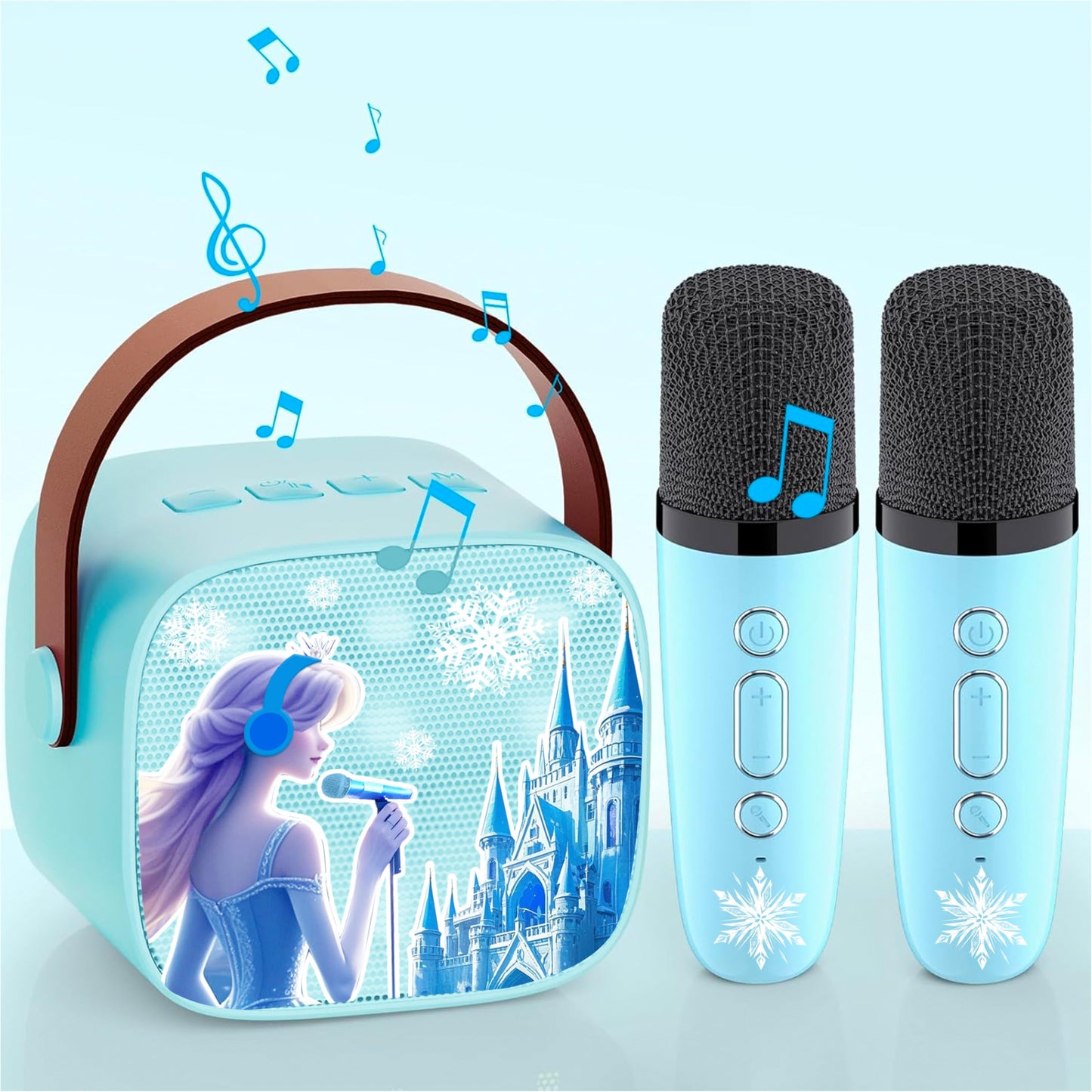 A young girl holding the twin wireless microphones illustrating the scale and size of the Zhipal sound system.