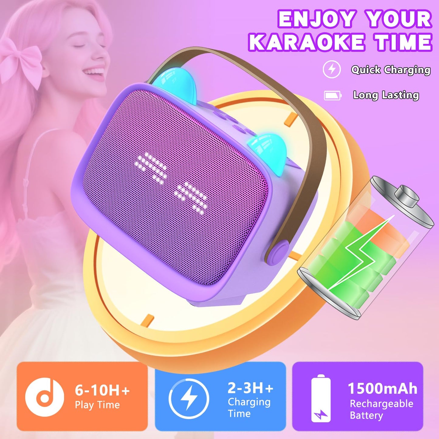 Compact purple speaker being held by a child to demonstrate lightweight travel portability