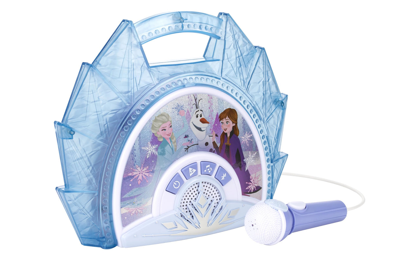 A lifestyle view of the eKids Frozen microphone set illustrating its lightweight portable design